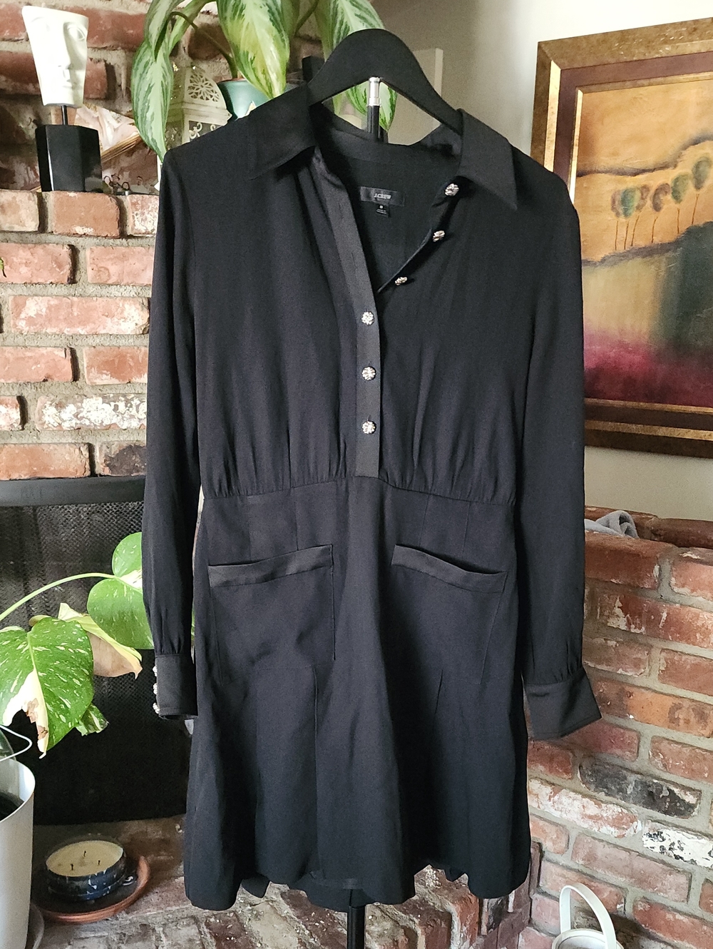 J.Crew Black Crepe Long Sleeve V-Neck Shift Dress Pockets Size 8